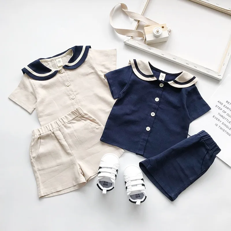 

Summer Children Clothes Set Baby Boys Girls Casual Short Sleeve Navy Collar T-shirt Tops+Shorts Costume Set 1-10T