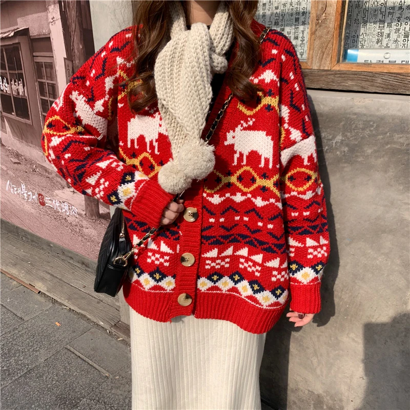 

Christmas elk knitted cardigan and sweater for girls fashion students loose and lazy V-neck coat