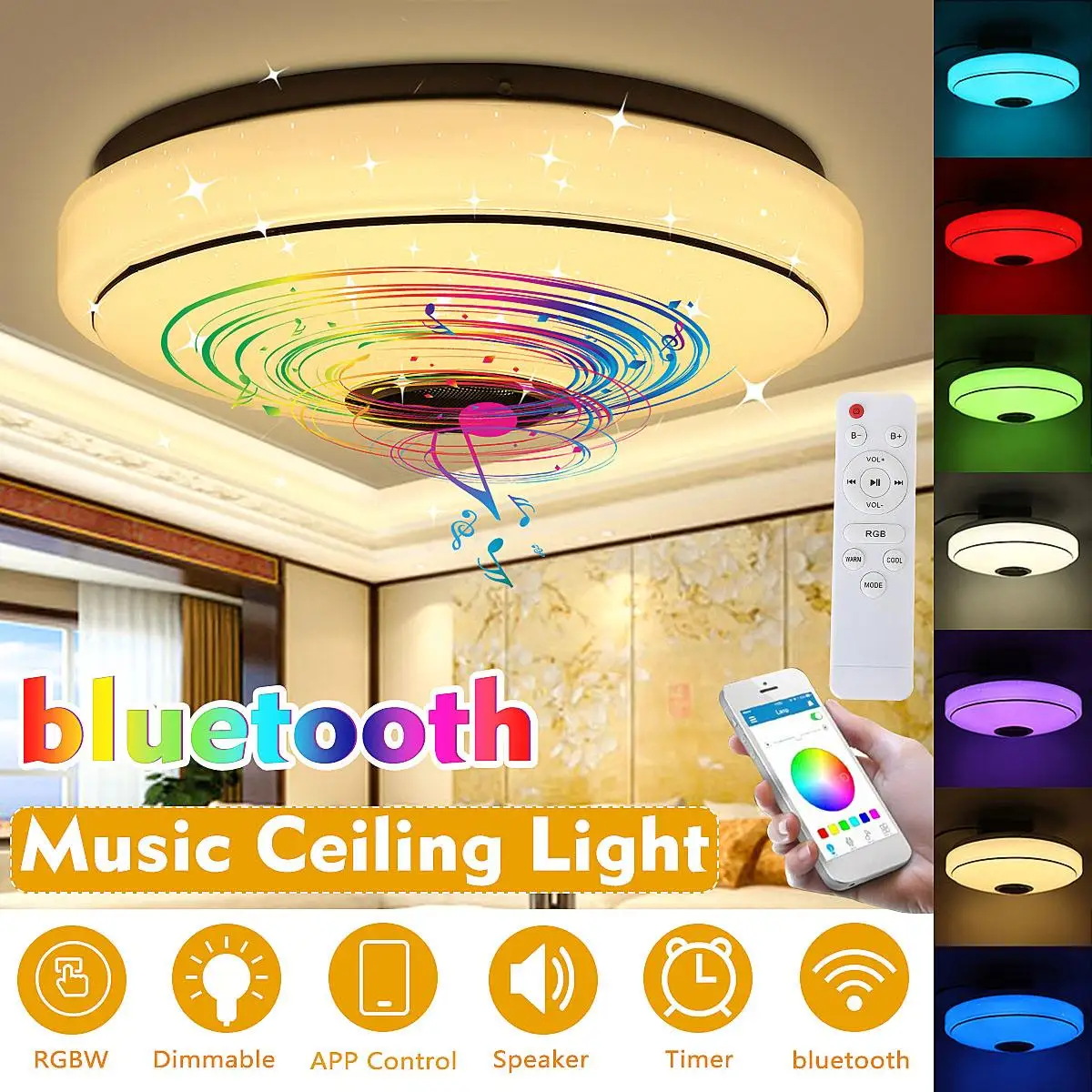 

100W Dimmable RGBW LED Music Ceiling Light with bluetooth Speaker Cellphone APP Control Color Changing Flush Mount Light Fixture