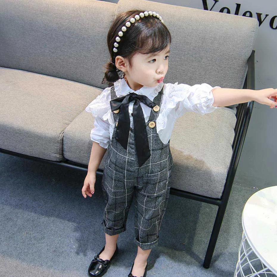 Baby Clothes Lace White Shirt + Jumpsuit 2 Pcs Girls Outfits Plaid Overalls Spring Autumn Formal Suit For | Детская одежда и обувь