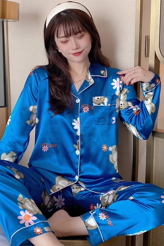 New ice silk pajamas women's thin long-sleeved cardigan suit real silk suit pajama set sleepwear women loungewear