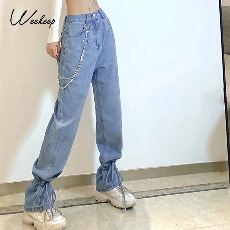 

Weekeep New Lace Up Jeans Low Waisted Streetwear Chains Light Blue Denim Trouser Vintage Pencil Pants Women Straight Long Pants
