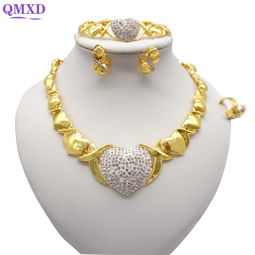 

African Jewelry Sets Heart Necklace Bracelet Dubai Gold Color Jewelry Set for Women Wedding Bridal Earrings Ring Jewelry Set
