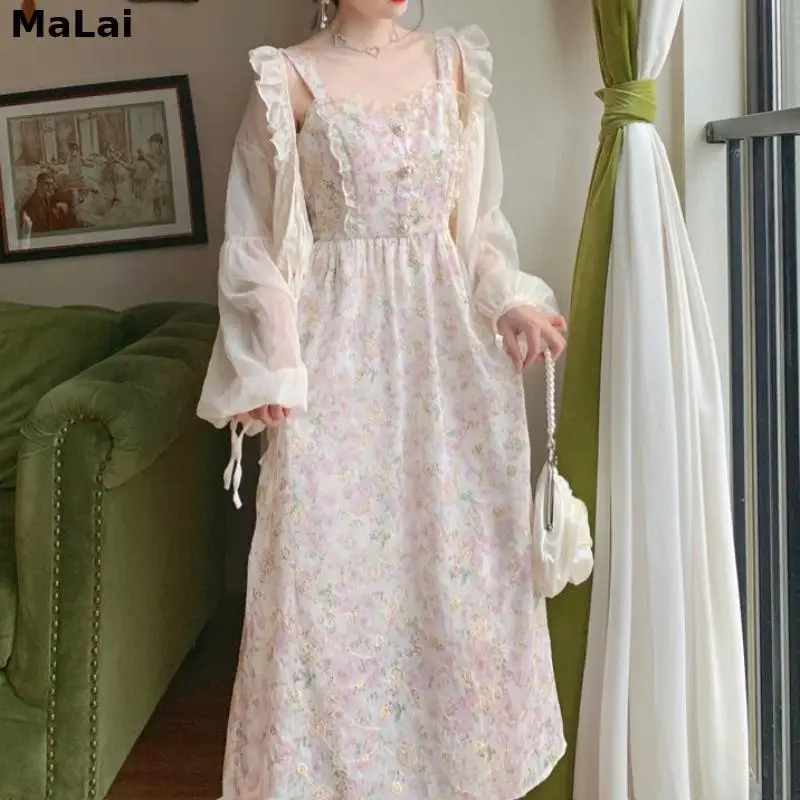 

Women Vintage Embroidered Kawaii Lace Up Casual Chiffon Dress Summer Elegant Floral Dress Female Fit Chic Slim Beach Dress 2021