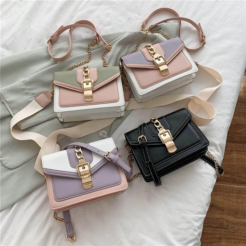 

2020 brand fashion popular design ladies contrast color PU leather messenger bag travel small shoulder messenger lady handbag