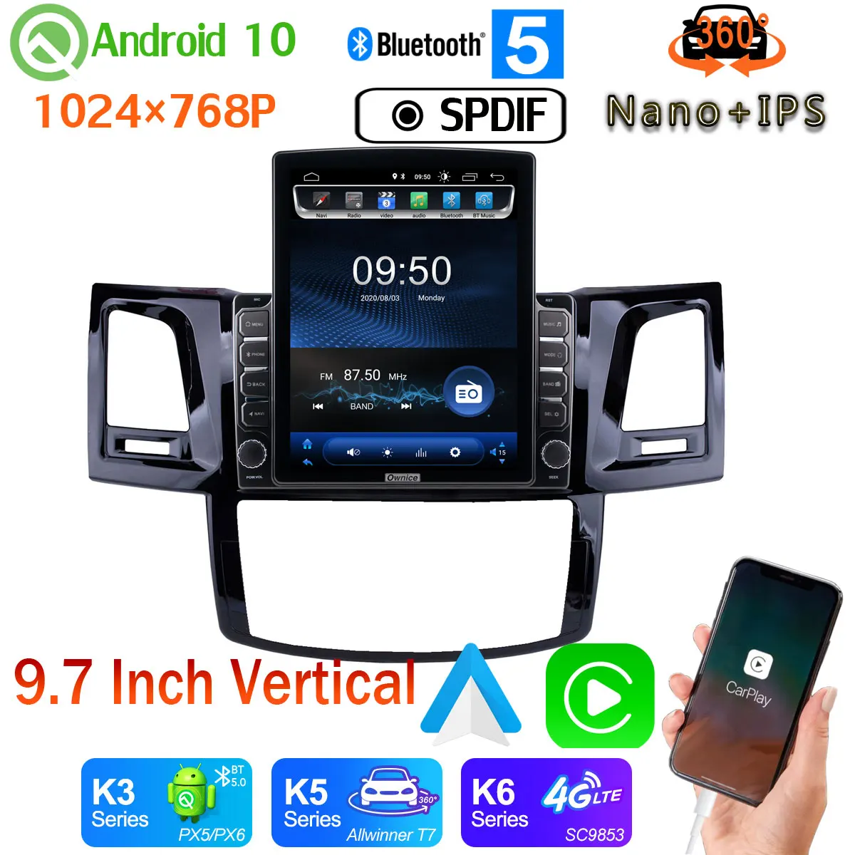 9 7 &quotTesla Style PX6 4 + 64G GPS DSP Android 10 радио 360 панорамная камера для Toyota Fortuner HILUX Revo Vigo 2005 2014