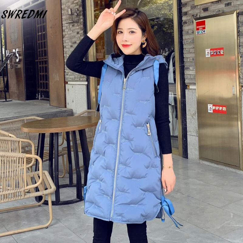 SWREDMI Женский Длинный жилет с капюшоном зимний плотный теплый без рукавов парка