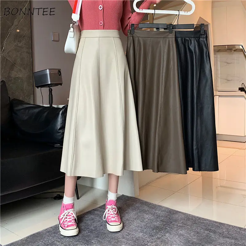 

Skirts Women PU Preppy Style Friends Simple Vintage Pure Design Ulzzang Tender Prevalent Leisure Basic All-match Classy Feminino