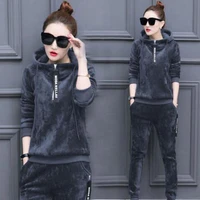 winte thick warm velvet tracksuit 2 piece set women track suit hoodies tops and pant casual outfits velour sweatsuit streetwear