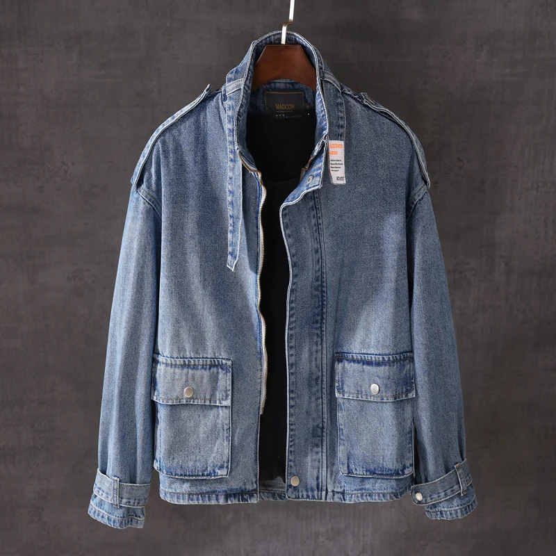 

Куртка мужская джинсовая на молнии, Модный повседневный комбинезон со множеством карманов, винтажное дизайнерское пальто из денима, Байкер...