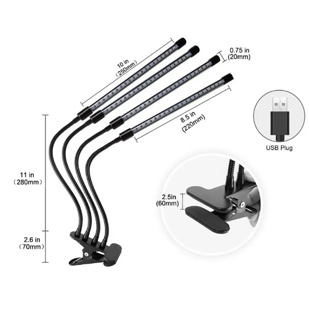 

LED Grow Light Full Spectrum Flexible Clip Phyto Lamp 36W With Four Heads Clip USB Dimming Timing Desktop Plant Growth Lamp