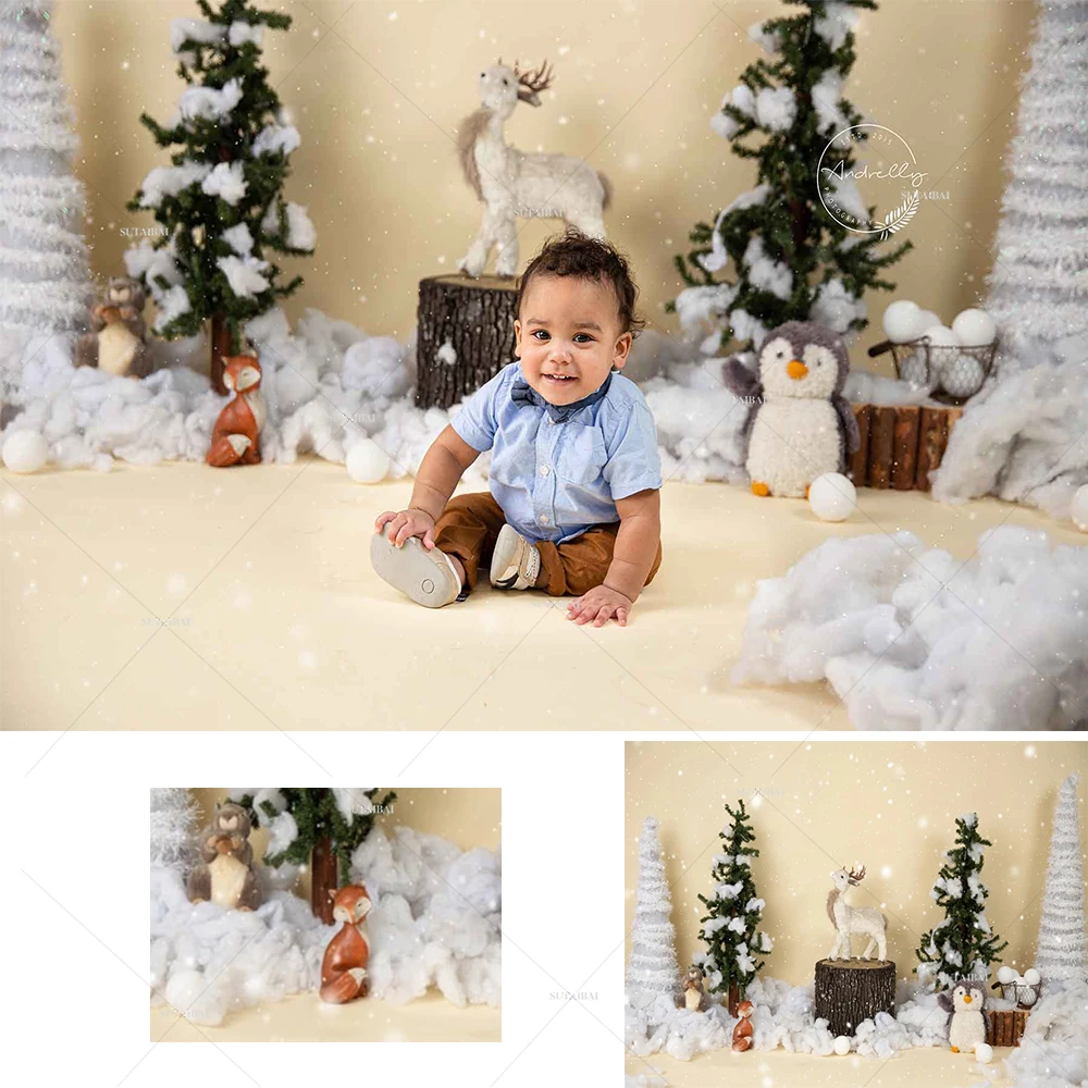 

Фон для фотосъемки новорожденных с изображением леса животных оленя пингвина снега сосны снежное поле детского дня рождения Рождественски...