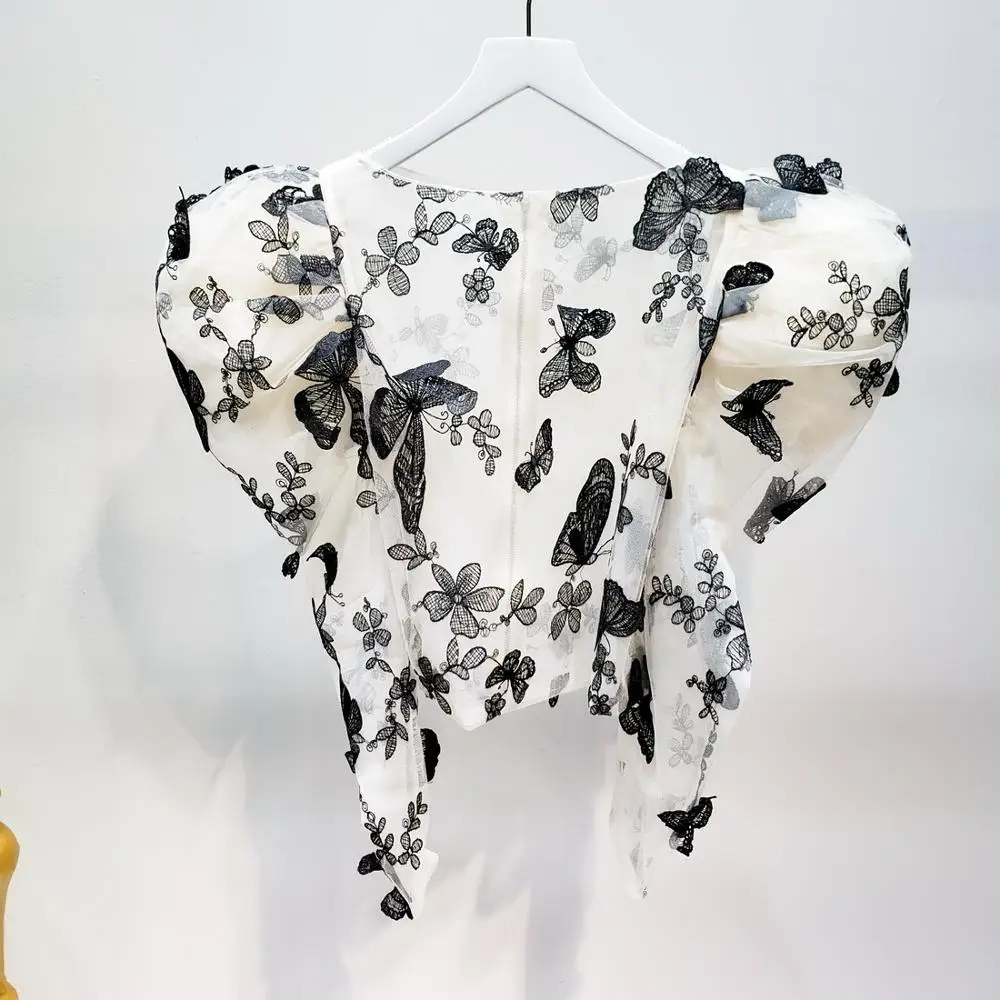 L77street Heavy Industry Mesh Butterfly Embroidered English Lantern Sleeve Perspective Slim Long Sleeve Thin Shirt