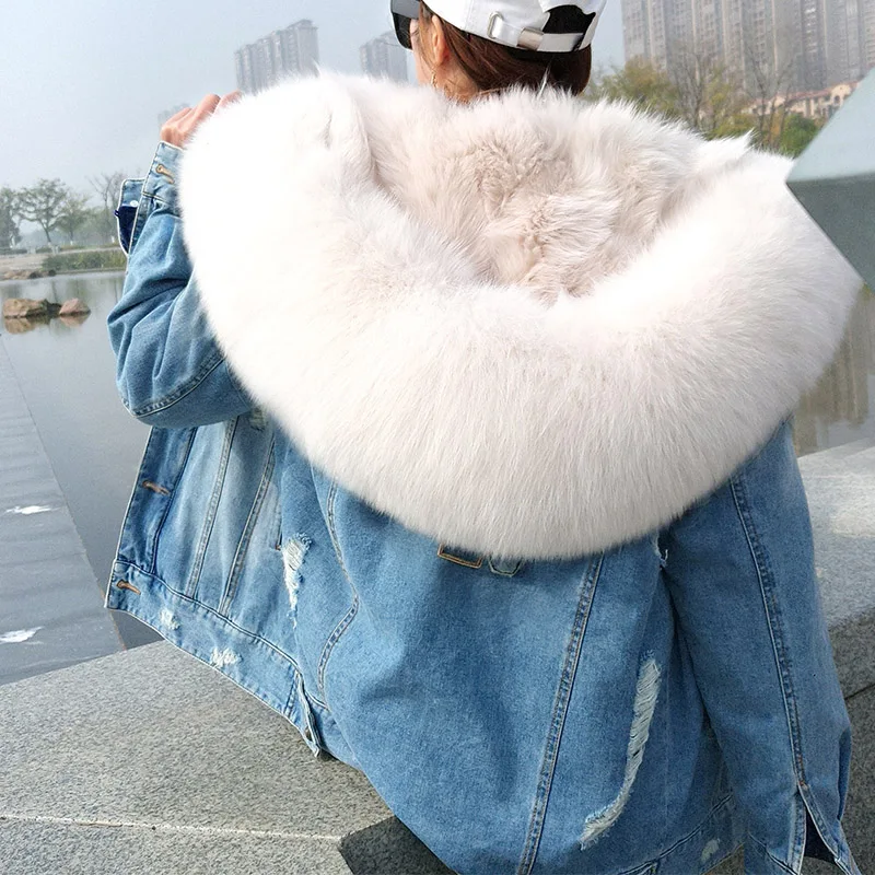 2020 new winter clothes natural furcoat denim pie overcome rabbit fur grass liner fox fur collar coat long coat female winter