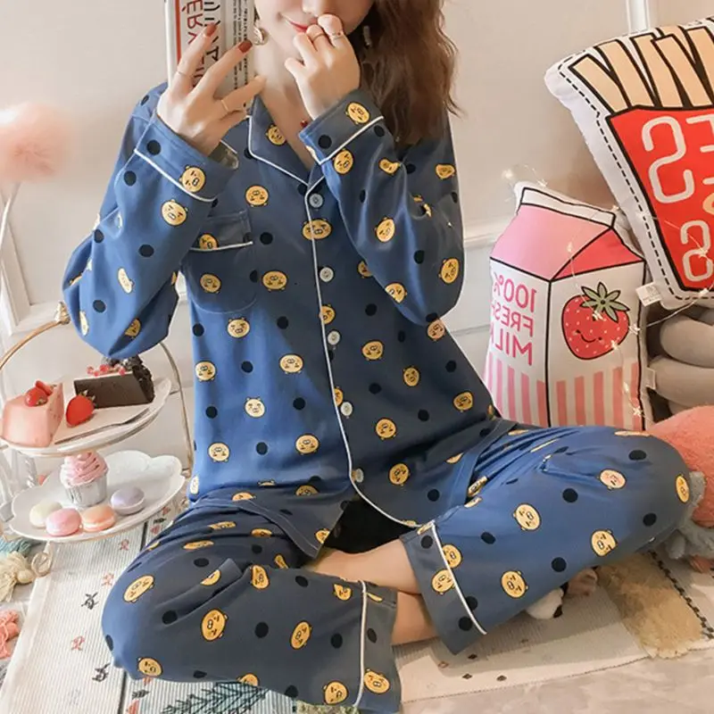 Женский пижамный комплект Kawaii С мультяшным принтом, пижама с длинным рукавом, на пуговицах, с круглым вырезом, свободные штаны, домашняя одежда, M-2XL, 19 видов стилей