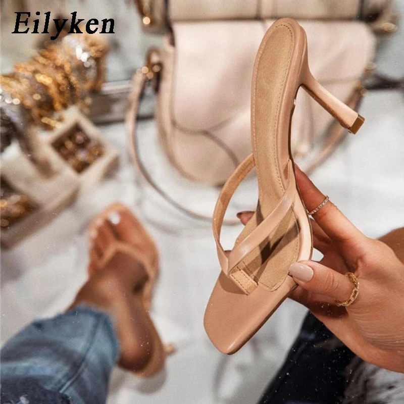 

Eilyken Summer New Fashion Apricot Women Mules High Heels Slippers Sandals Sexy Square Open-toed Heel High Quality Shoes size 43