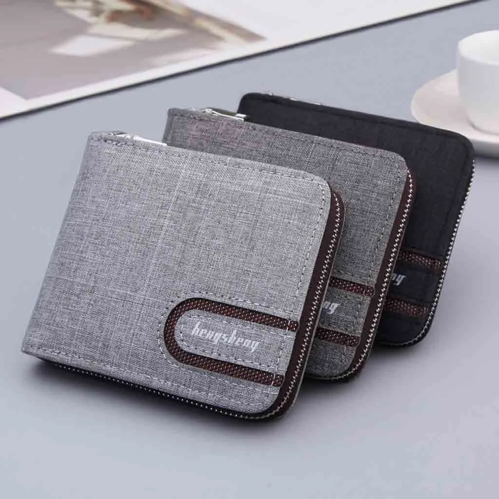 Coin Purse Men's Short Wallet Fashion Casual Solid Zip Business Canvas Small Square Multifunction Кошелек Мужской | Багаж и