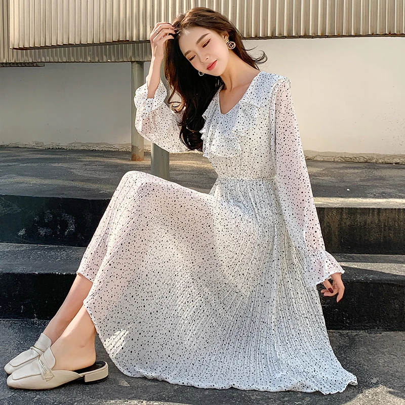 Шифоновое платье с принтом в горошек женское модное свободное повседневное