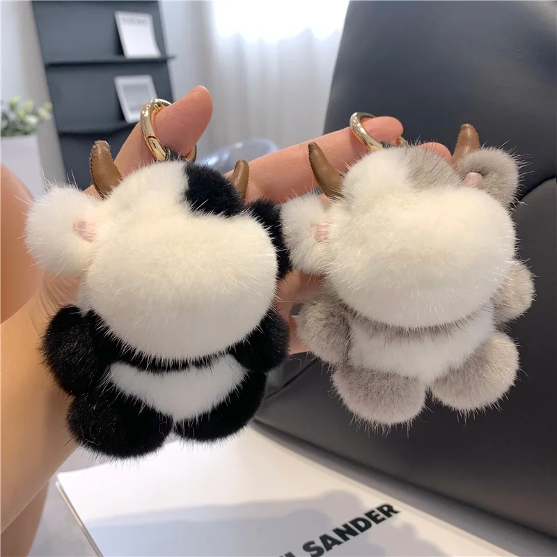 

High Quality Plush Keychains Cute Cow Pompom Keychain For Bags Backpacks Phone Pendant Stuffed Animal Keyfobs Soft Keyring Gifts