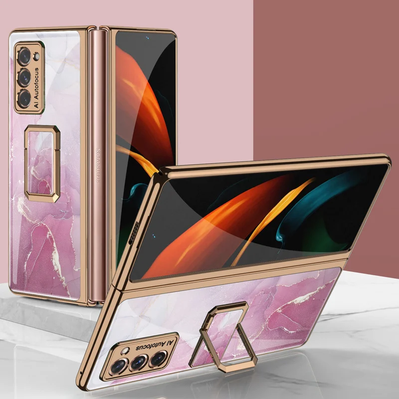 

Luxury Case for Samsung Galaxy Z Fold 2 Marble Glass Case Plating Frame Finger Ring Bracket Hard Glass Cover for Galaxy Z Fold 2