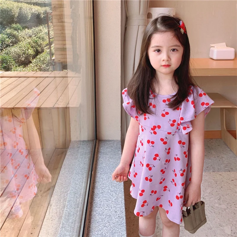 

New Kids Girls Fashion Fly Sleeve Cherry Print Dress Stylish Dress for Children Girls summer dairy wear