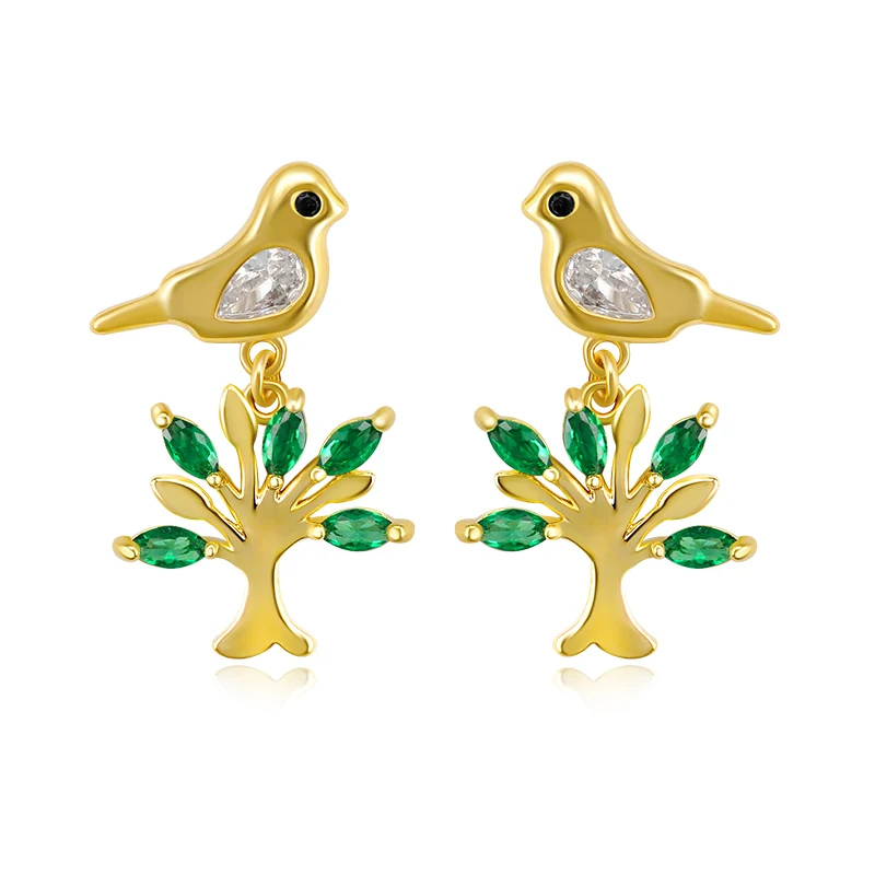 

925 Sterling Silver Ear Needle Little Bird Tree of Life Dangle Stud Earrings for Women Gold Color Europe and America Earrings