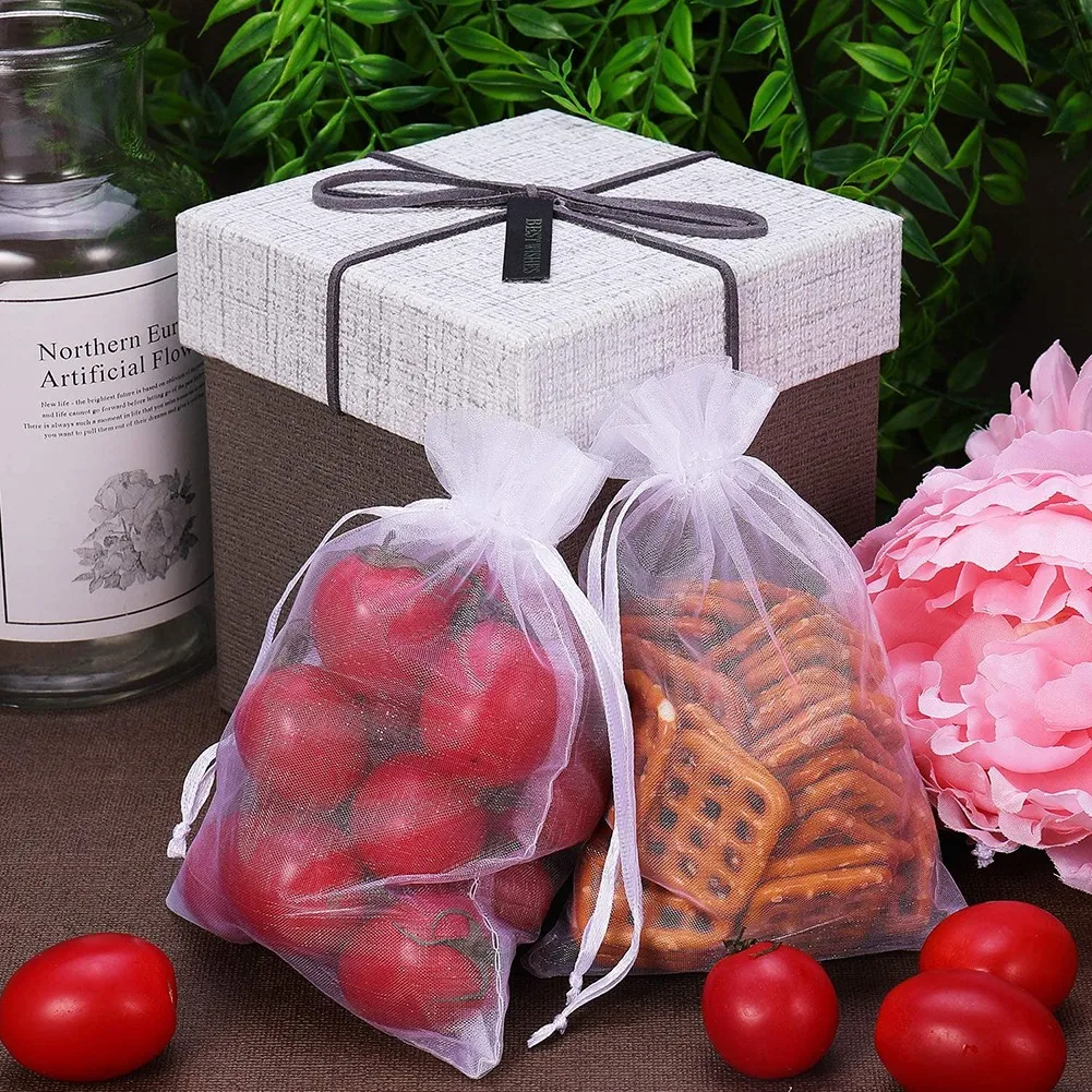 

100Pcs White Organza Gift Bag Drawable Jewelry Candy Packaging Pouches Sweets Packing For Wedding Chiritmas Party Supplies