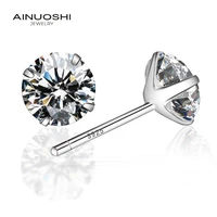ainuoshi round cut sona diamond four claw simple stud earrings for women 925 silver jewelry gifts