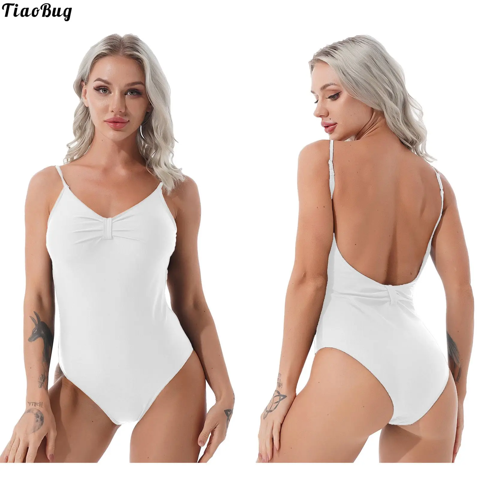 

Women V Neck Adjustable Spaghetti Straps Removable Pads Open Back Stretchy Jumpsuit Bodysuit Leotard For Gym Yoga Dance Swimming