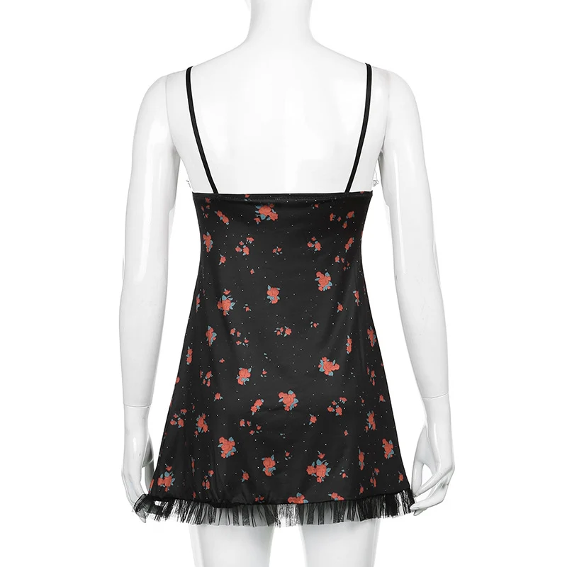 

YYXZ Fashion Cute Slim Sexy Party Patchwork Mesh Print Florals SML Backless Woman Casual Spaghetti Strap Dress Lady A-line Dress