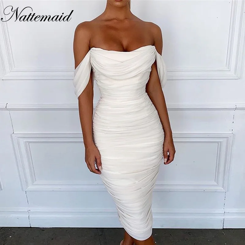 Женское плиссированное платье с открытыми плечами Nattemaid Белое Облегающее без