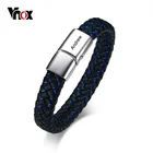 Мужской браслет с гравировкой Vnox, плетеный браслет из натуральной кожи синего и черного цвета, мужские ювелирные изделия из нержавеющей стали