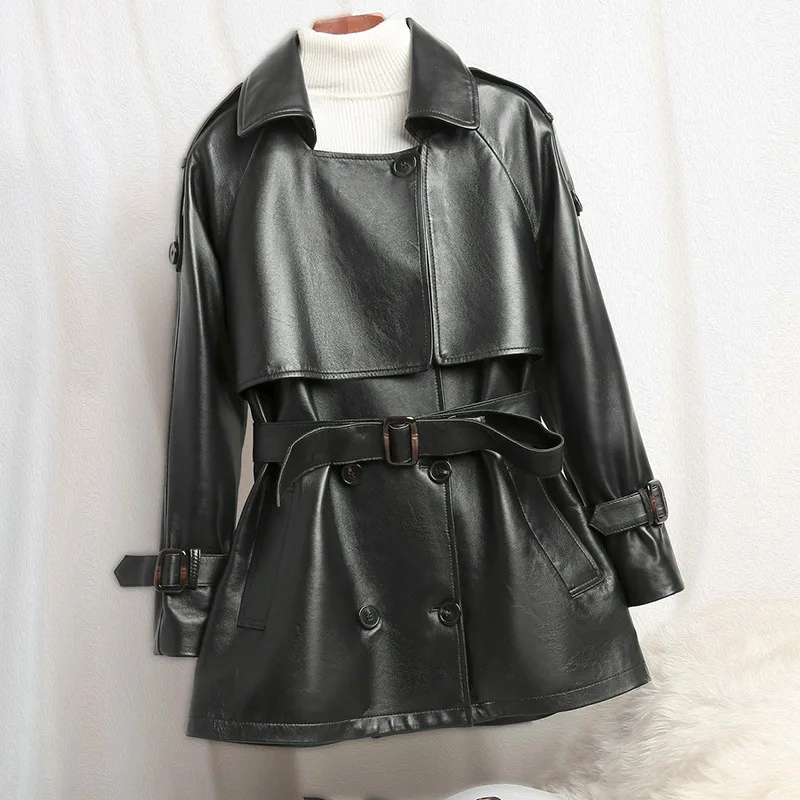 Sheep Genuine Leather Coat Short Women Oversize Black Long Sleeves Overcoats Light Kaqhi Sashes Button Winter Jackets Trench