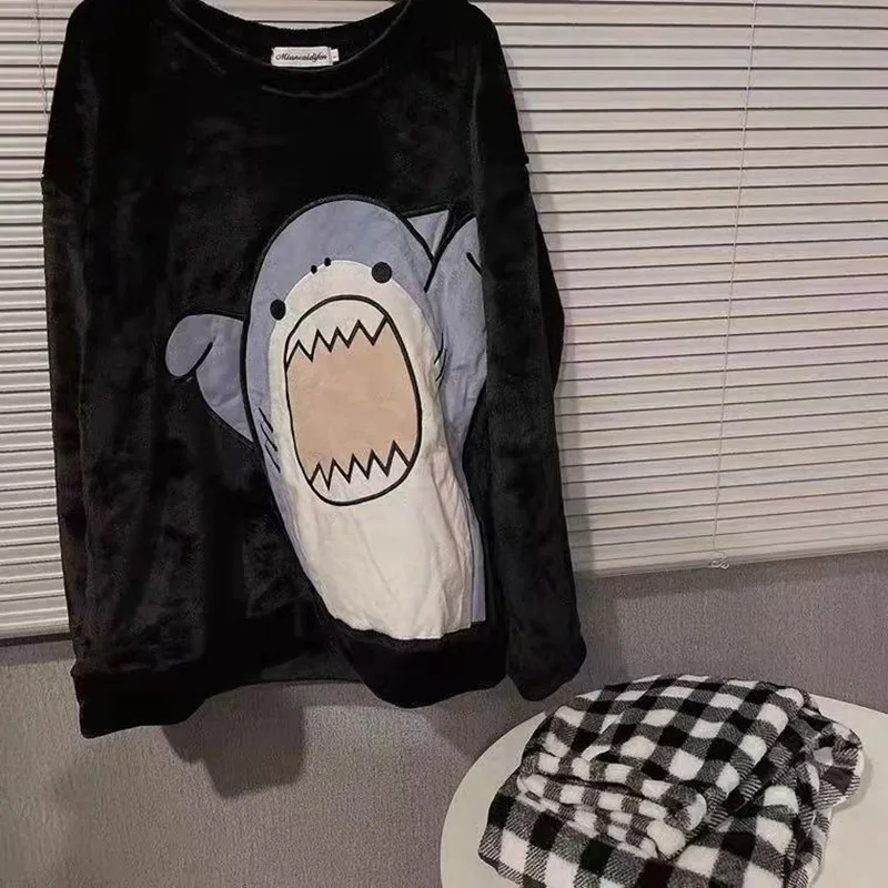 Shark Pijamas Couple Matching Pajamas Set Plaid Pants Winter Thick Flannel Sleepwear Men's Women Pyjama Homesuits Black Shirts