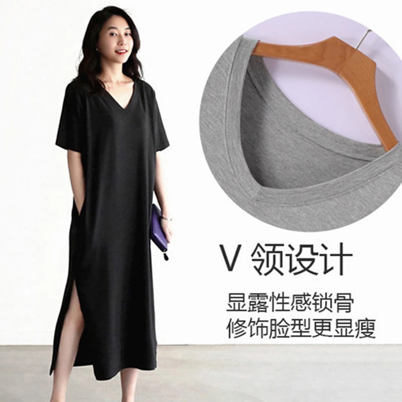 

Women Loose Dress 21 Spring Summer New Modal Long Skirt Short Sleeved Slit V Neck Fat MM Large Size Slim Feminina LD1557