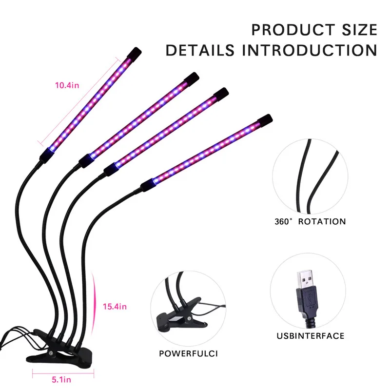 Фитосветильник ПА светодиодная полного спектра, 4 головки, USB-разъем от AliExpress RU&CIS NEW