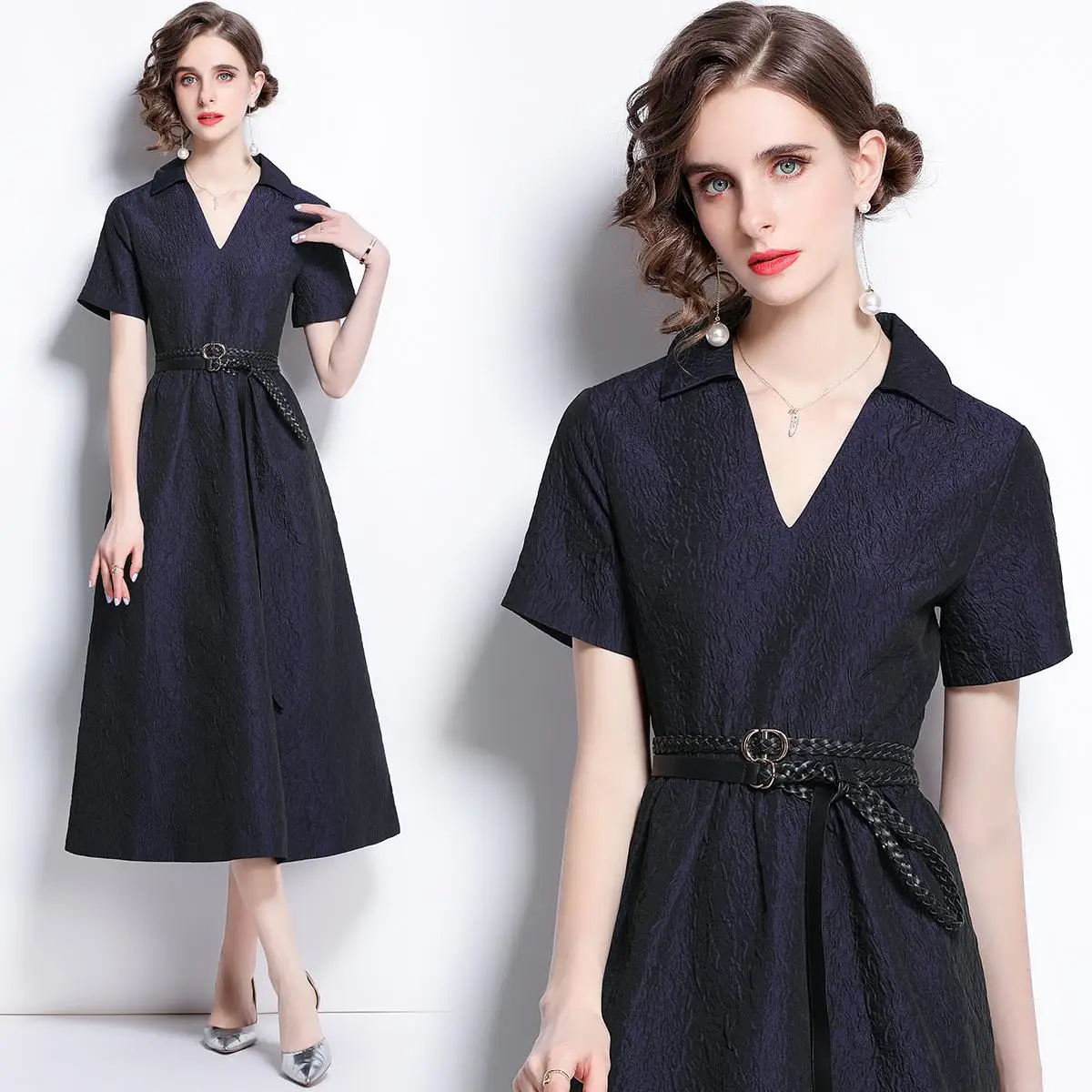 

Женское жаккардовое платье с V-образным вырезом и поясом