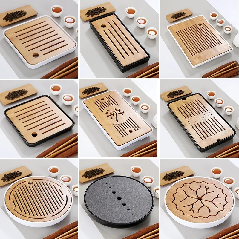

Bamboo Tea Tray Solid Bamboo Tea Board Kung Fu Tea Set with Drain Rack Tools Tea Serving Teapot Tray Set Teal Kitchen Accessorie