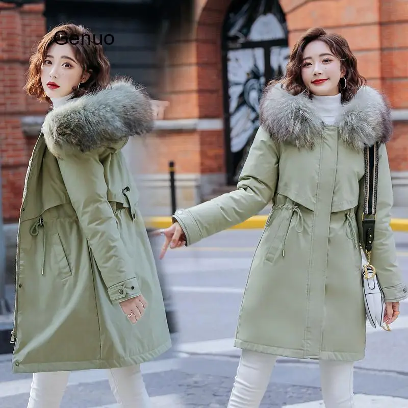 

Winter Women fleece inside parkas plus size thick warm mid-Long Hooded parkas Jackets fur inside female slim padding parkas