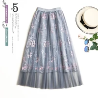 needbo tulle skirt women mesh embroidery floral long skirt 2020 a line elastic high waist jupe pleated skirt women wedding skirt