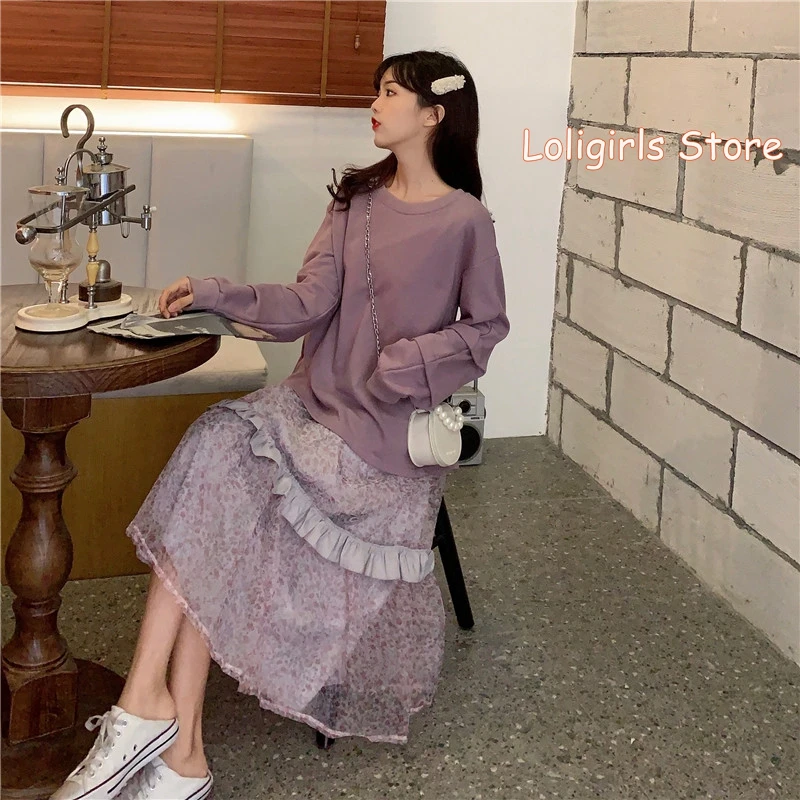 Осень 2020 новинка свободная юбка в сеточку с цветочным принтом милая толстовка