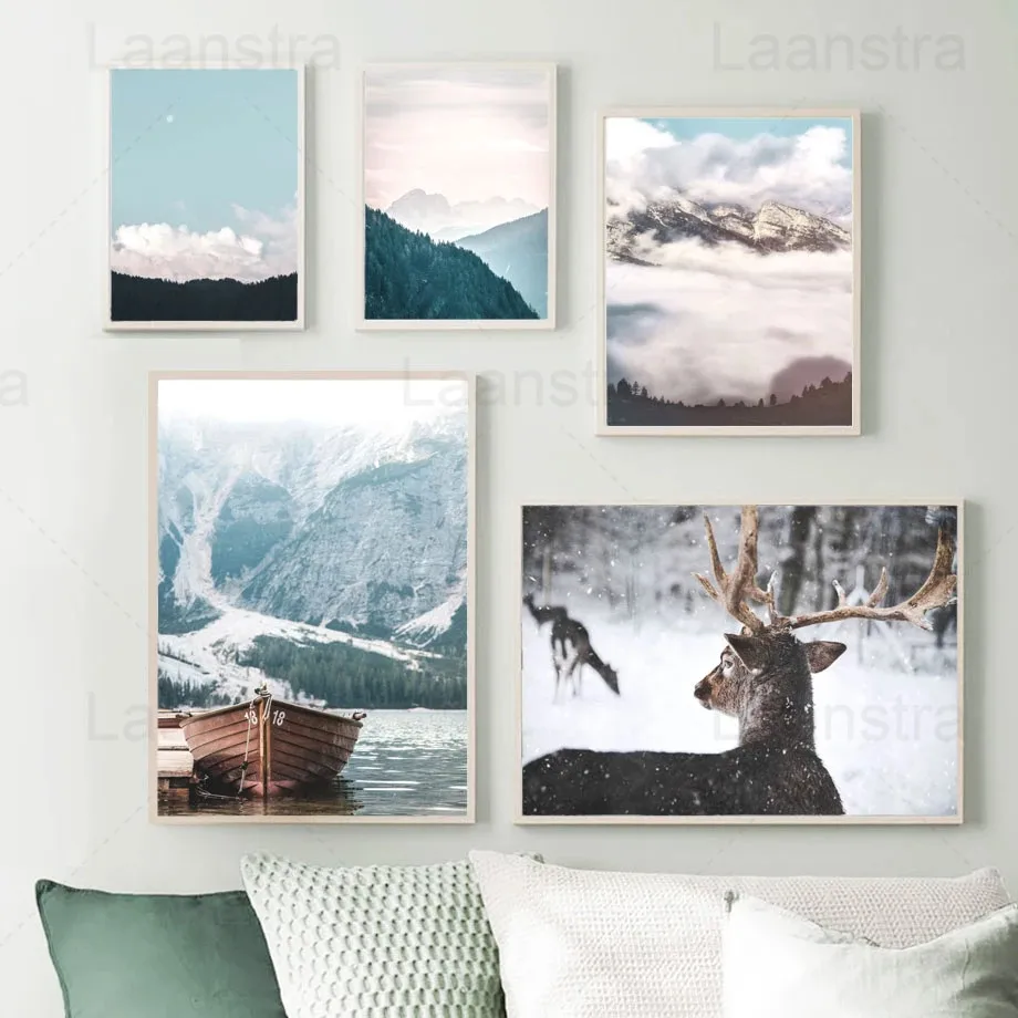 

Snow Mountain Forest Lake Water Sika Deer Wall Art Canvas Painting Nordic Posters and Prints Wall Pictures for Living Room Decor