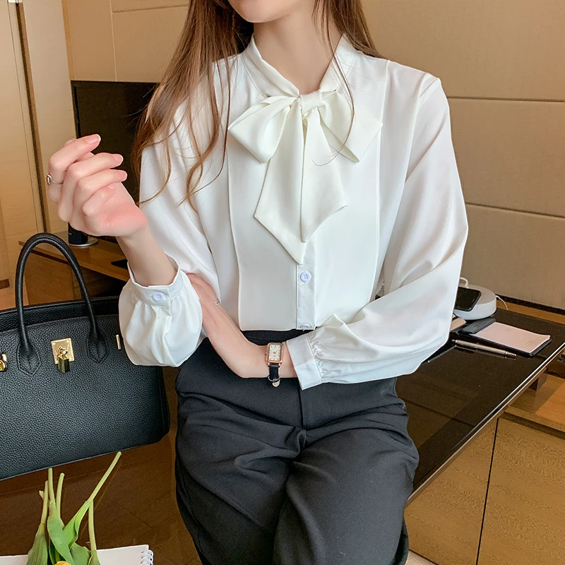 

Fashion solid color chiffon blouse bow elegant female long sleeve chiffon shirt 2021 new casual clothing women tops