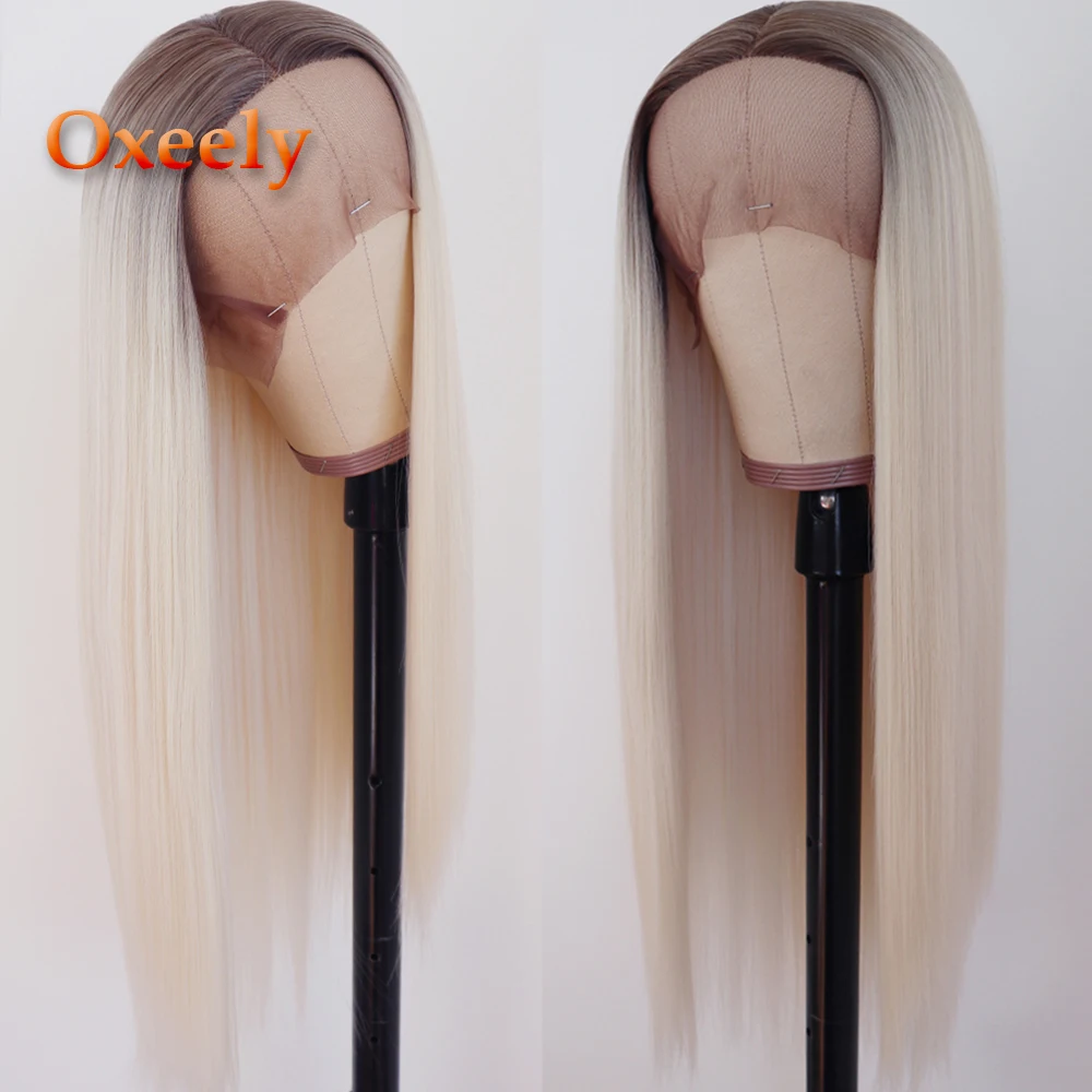 Oxeely Long Straight Synthetic Lace Front Wigs Ombre Platinum blonde Wig Heat Resistant 180 Density for Black Women | Шиньоны и парики