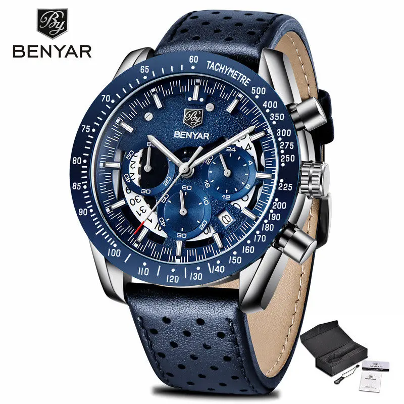 BENYAR Топ люксовый бренд Moon Phase часы мужские водонепроницаемые Хронограф военные спортивные кварцевые часы мужские часы Relogio Masculino - Цвет: Blue White