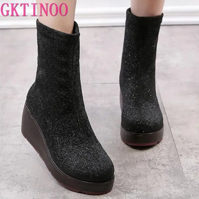 Женские ботинки на танкетке Flcok повседневные без застежки Зимние ботильоны sem