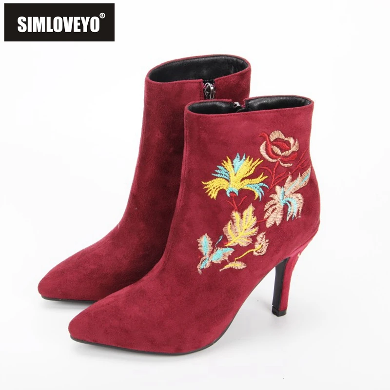 

SIMLOVEYO женские ботильоны элегантные с острым носком на тонком каблуке 9 см вышитые на молнии короткие плюшевые большие размеры 33-43 уличные зи...