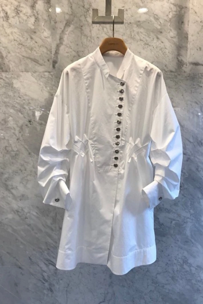 

2021 Spring New Korean Style Women's Clothing Pile Up Sleeves Slim Long Shirt Simple Design Fashion Tops Shirt