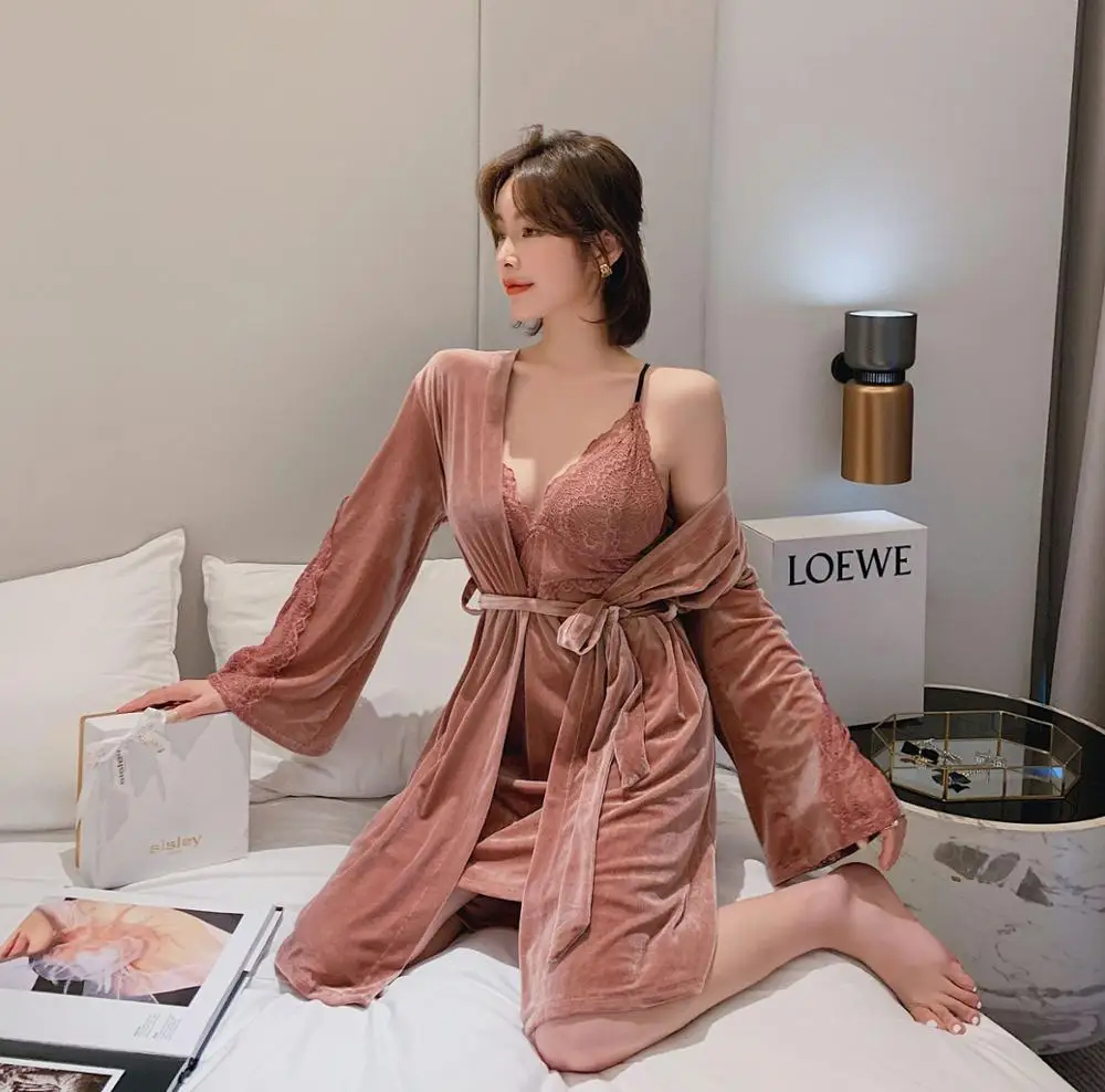 2 шт. сексуальный бархатный халат с поясом Женский Атласный пижамный комплект