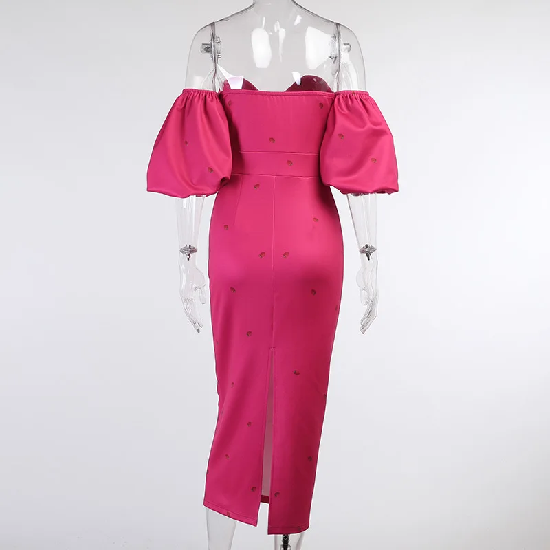 

Summer White Strawberry Dress Women Elegant Long Party Dress Off Shoulder Strapless Lantern Sleeve Sheath Midi Dress Red